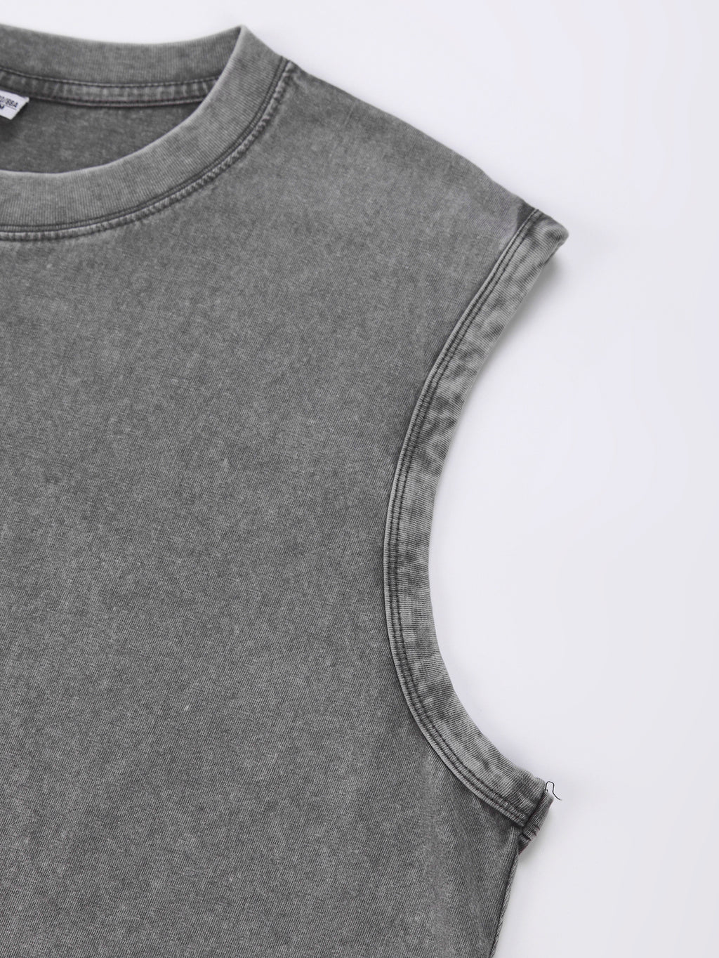 200GSM Vintage Snow Washed Sleeveless Tee - Gray Fabric, Stitching and Construction - Detail View
