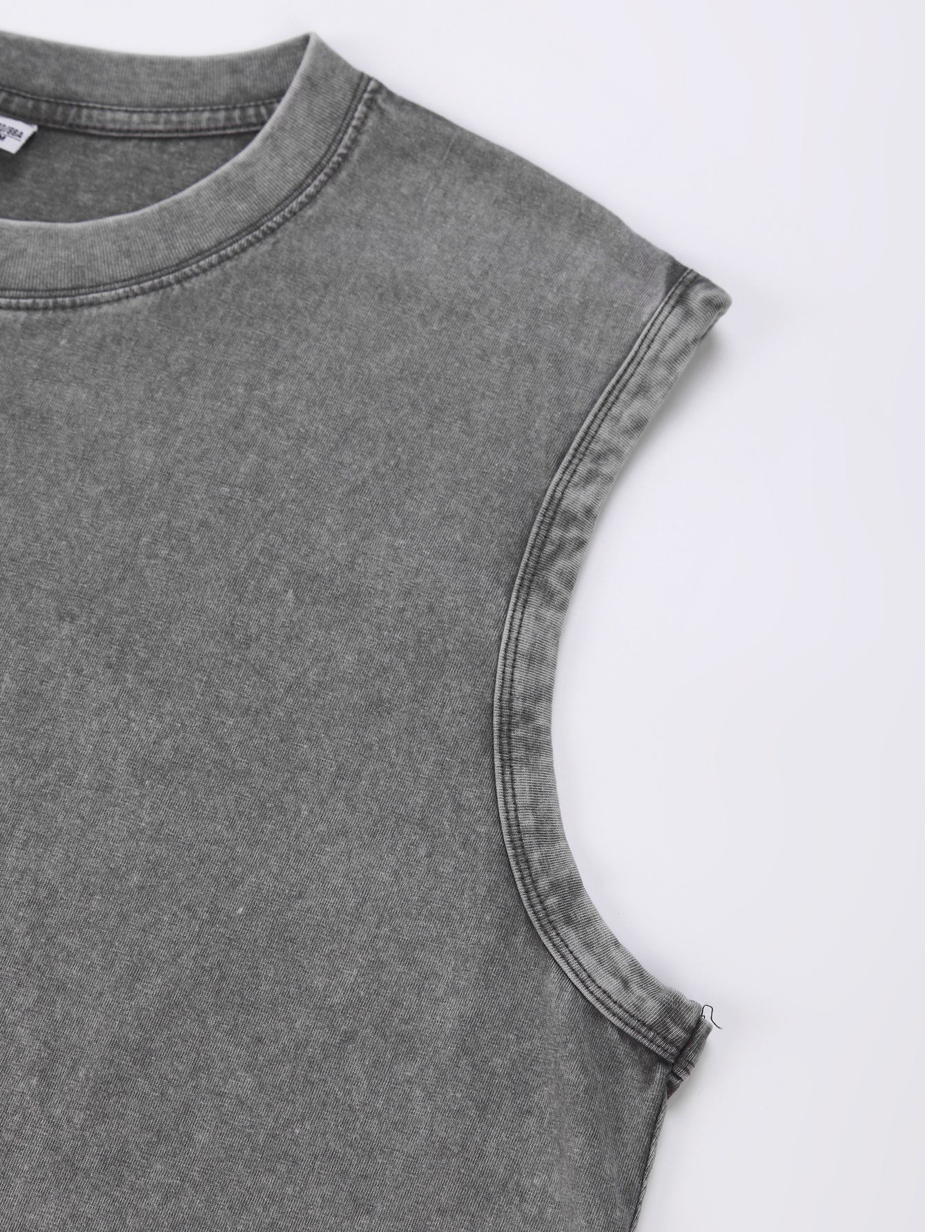 200GSM Vintage Snow Washed Sleeveless Tee - Gray Fabric, Stitching and Construction - Detail View