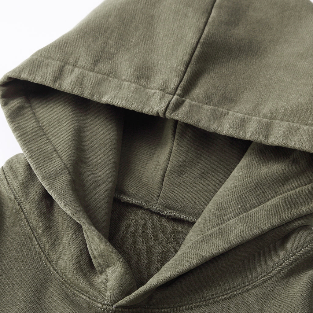 350GSM Snow Washed Pullover Hoodie - Navy Green Fabric, Stitching and Construction - Detail View