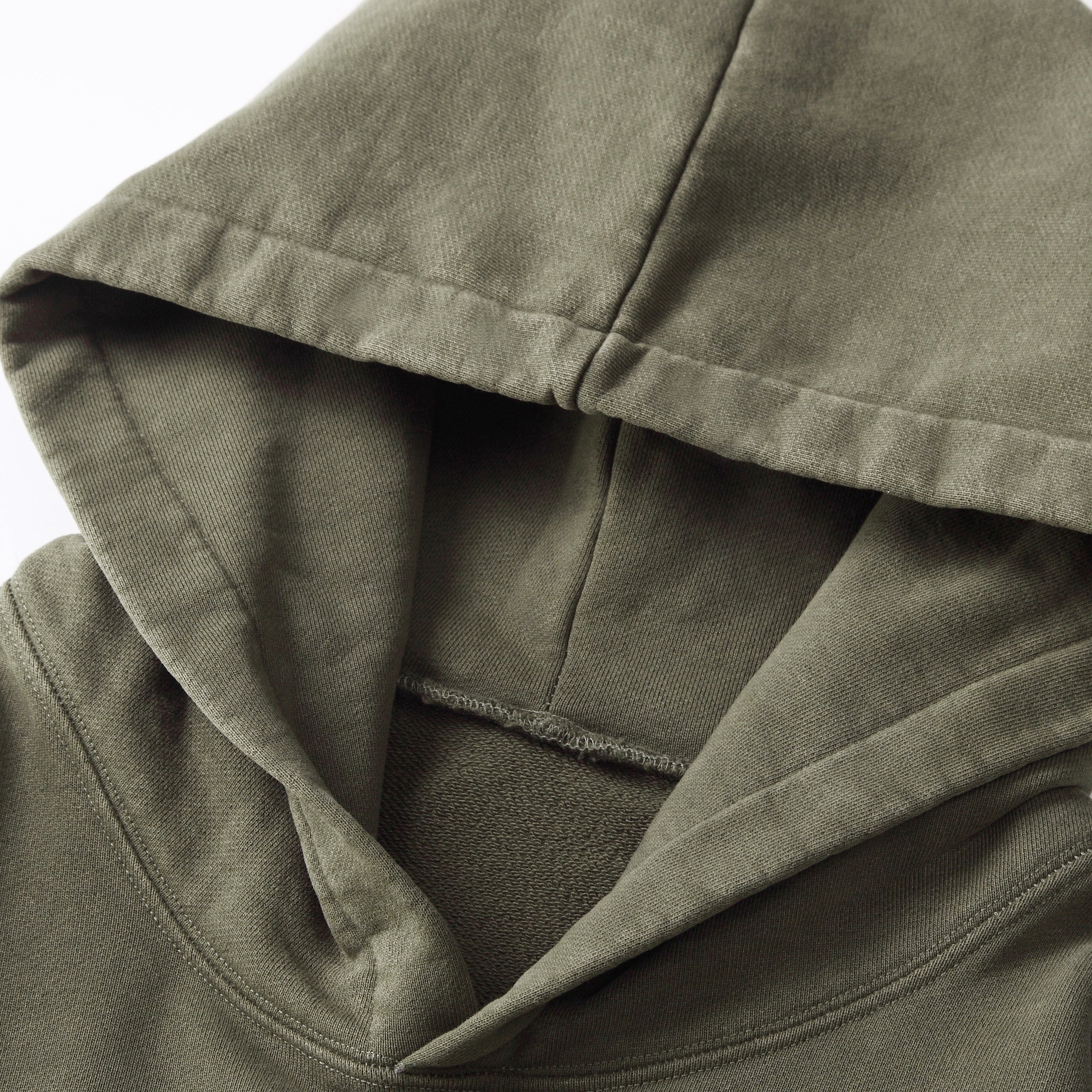 350GSM Snow Washed Pullover Hoodie - Navy Green Fabric, Stitching and Construction - Detail View
