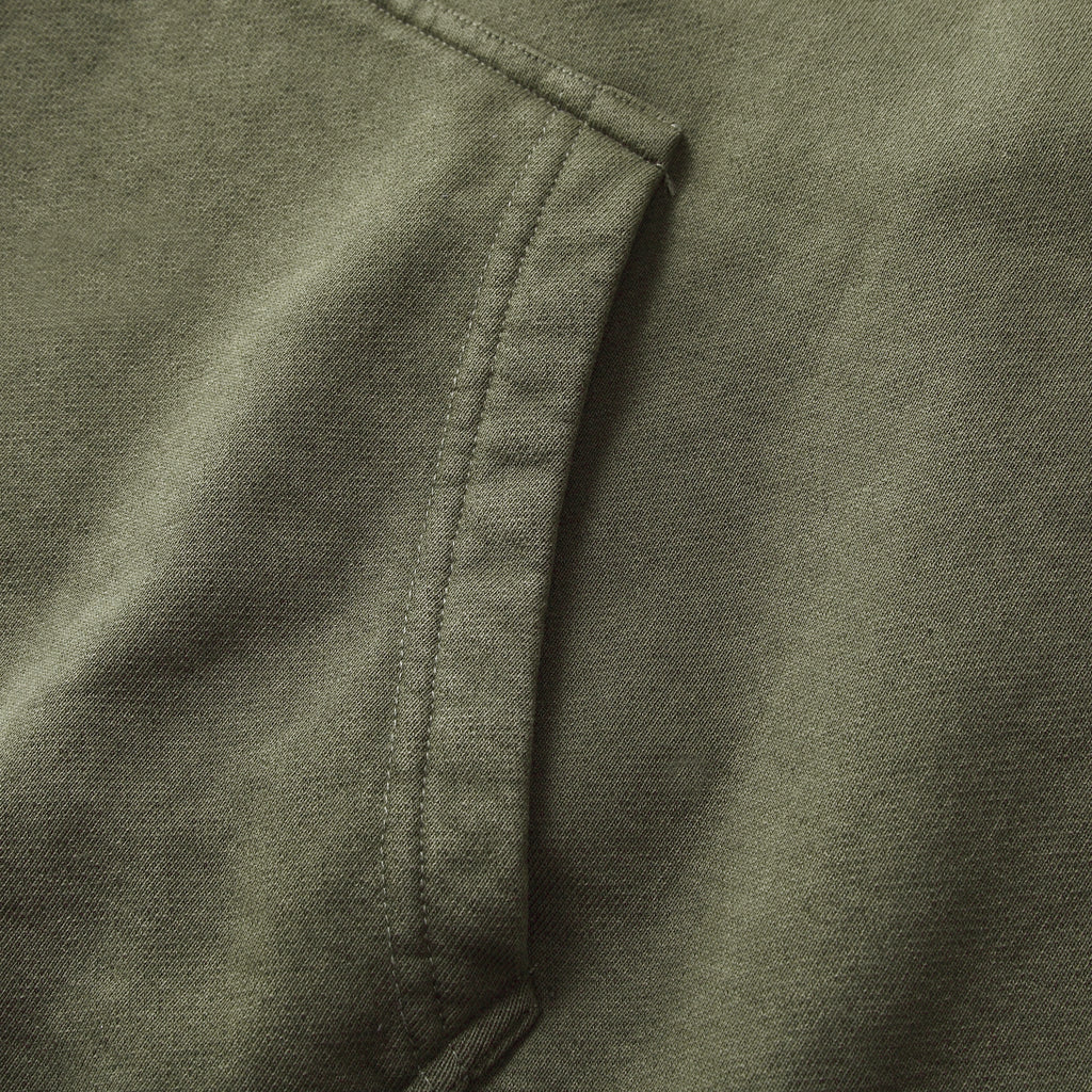 350GSM Snow Washed Pullover Hoodie - Navy Green Fabric, Stitching and Construction - Detail View