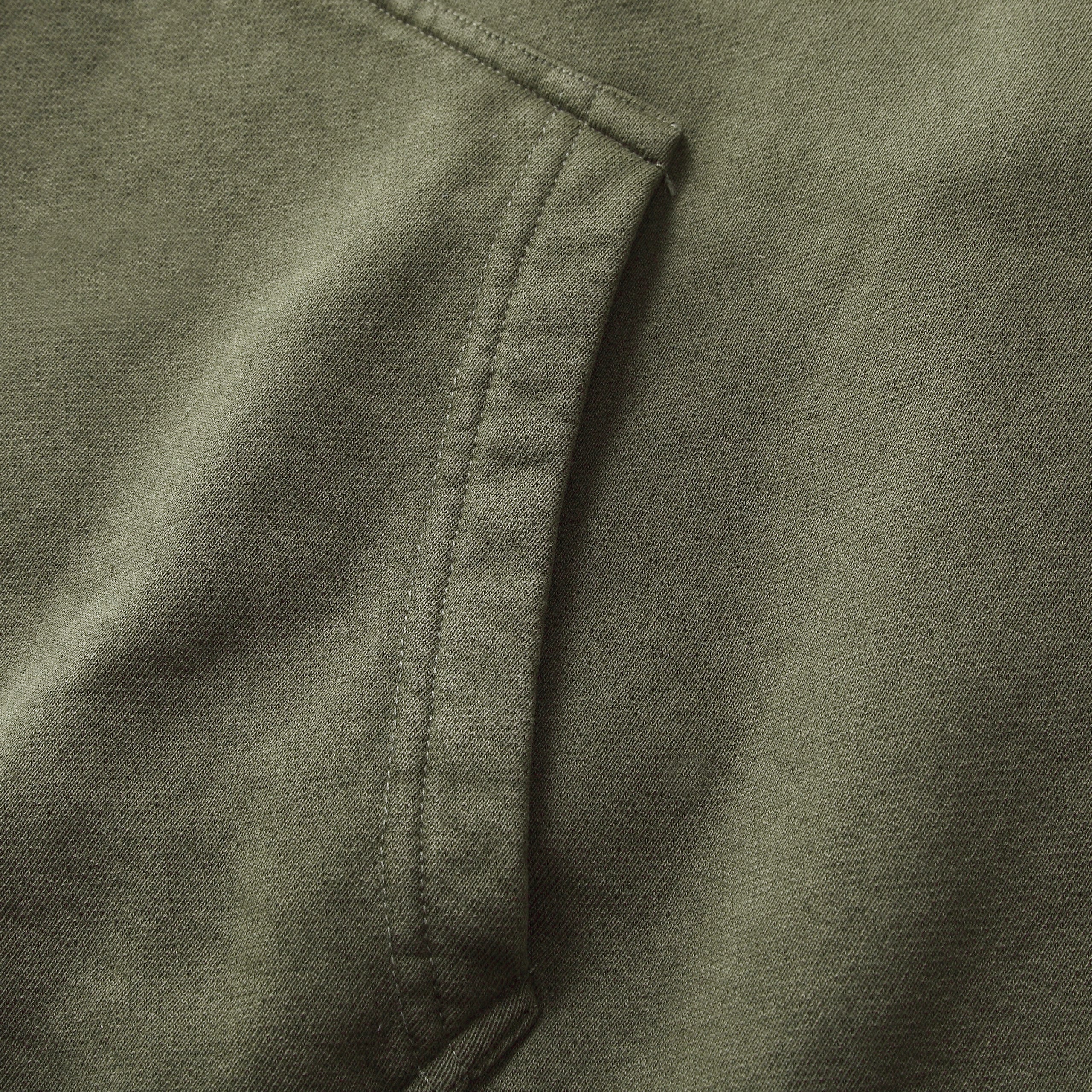 350GSM Snow Washed Pullover Hoodie - Navy Green Fabric, Stitching and Construction - Detail View