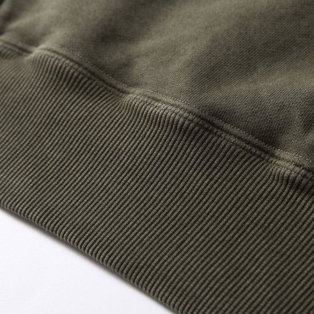350GSM Snow Washed Pullover Hoodie - Navy Green Fabric, Stitching and Construction - Detail View