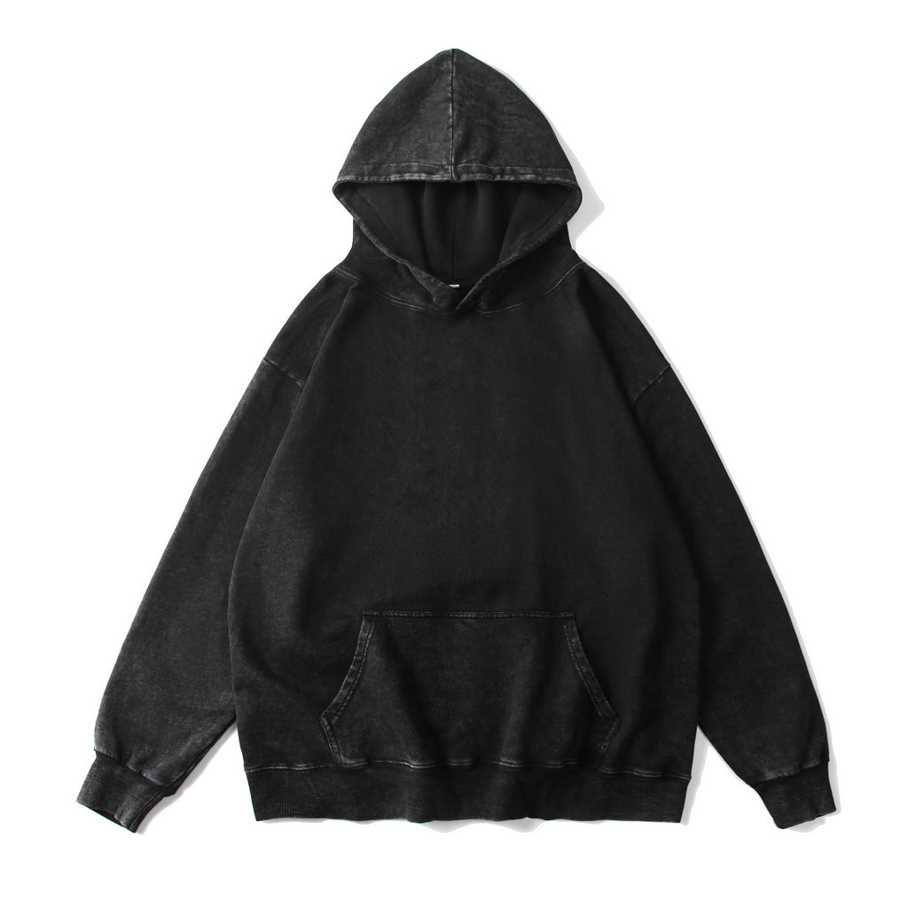 350GSM Snow Washed Pullover Hoodie - Black - Front View