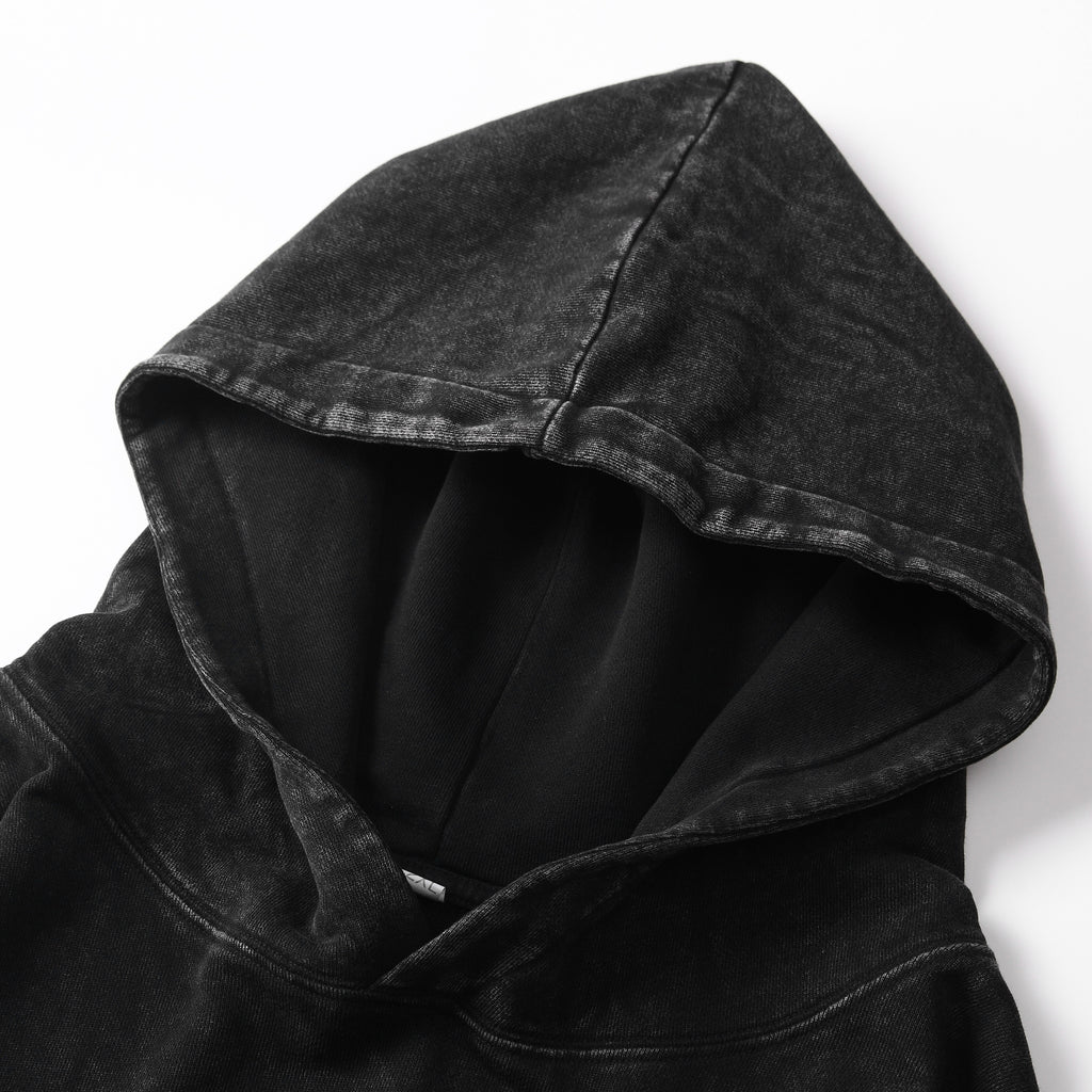 350GSM Snow Washed Pullover Hoodie - Black Fabric, Stitching and Construction - Detail View