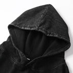 350GSM Snow Washed Pullover Hoodie - Black Fabric, Stitching and Construction - Detail View