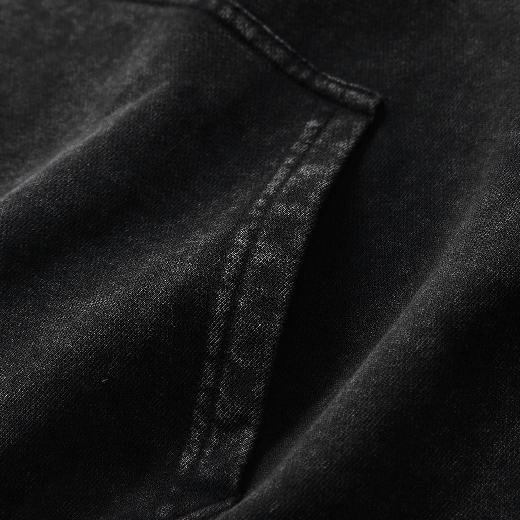 350GSM Snow Washed Pullover Hoodie - Black Fabric, Stitching and Construction - Detail View