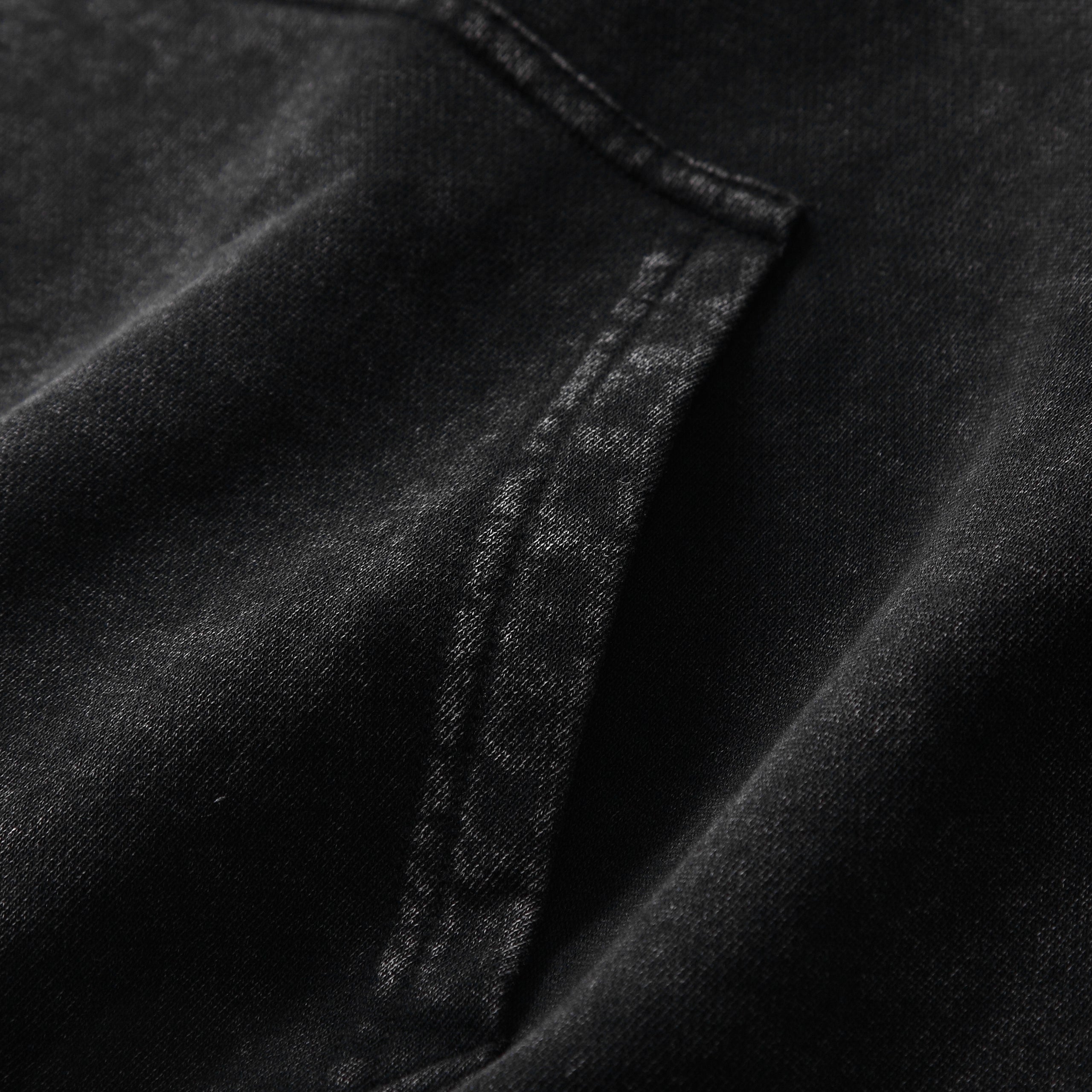 350GSM Snow Washed Pullover Hoodie - Black Fabric, Stitching and Construction - Detail View