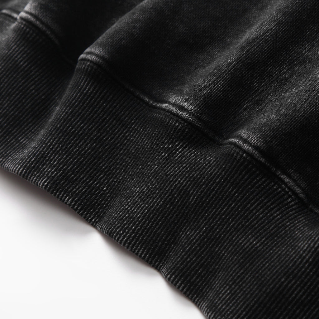350GSM Snow Washed Pullover Hoodie - Black Fabric, Stitching and Construction - Detail View