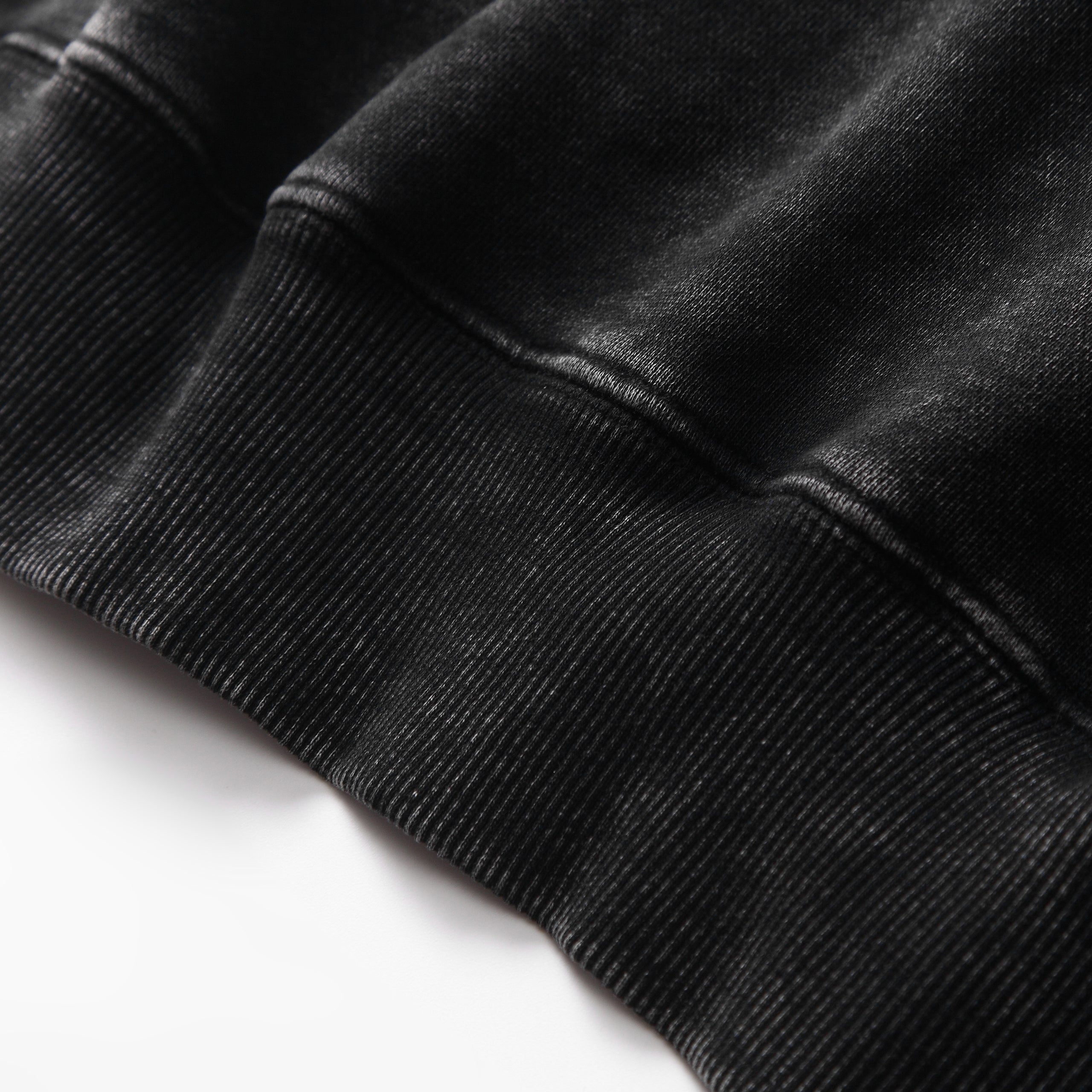 350GSM Snow Washed Pullover Hoodie - Black Fabric, Stitching and Construction - Detail View