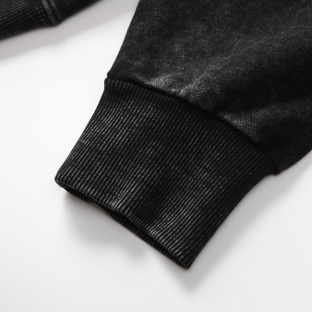 350GSM Snow Washed Pullover Hoodie - Black Fabric, Stitching and Construction - Detail View