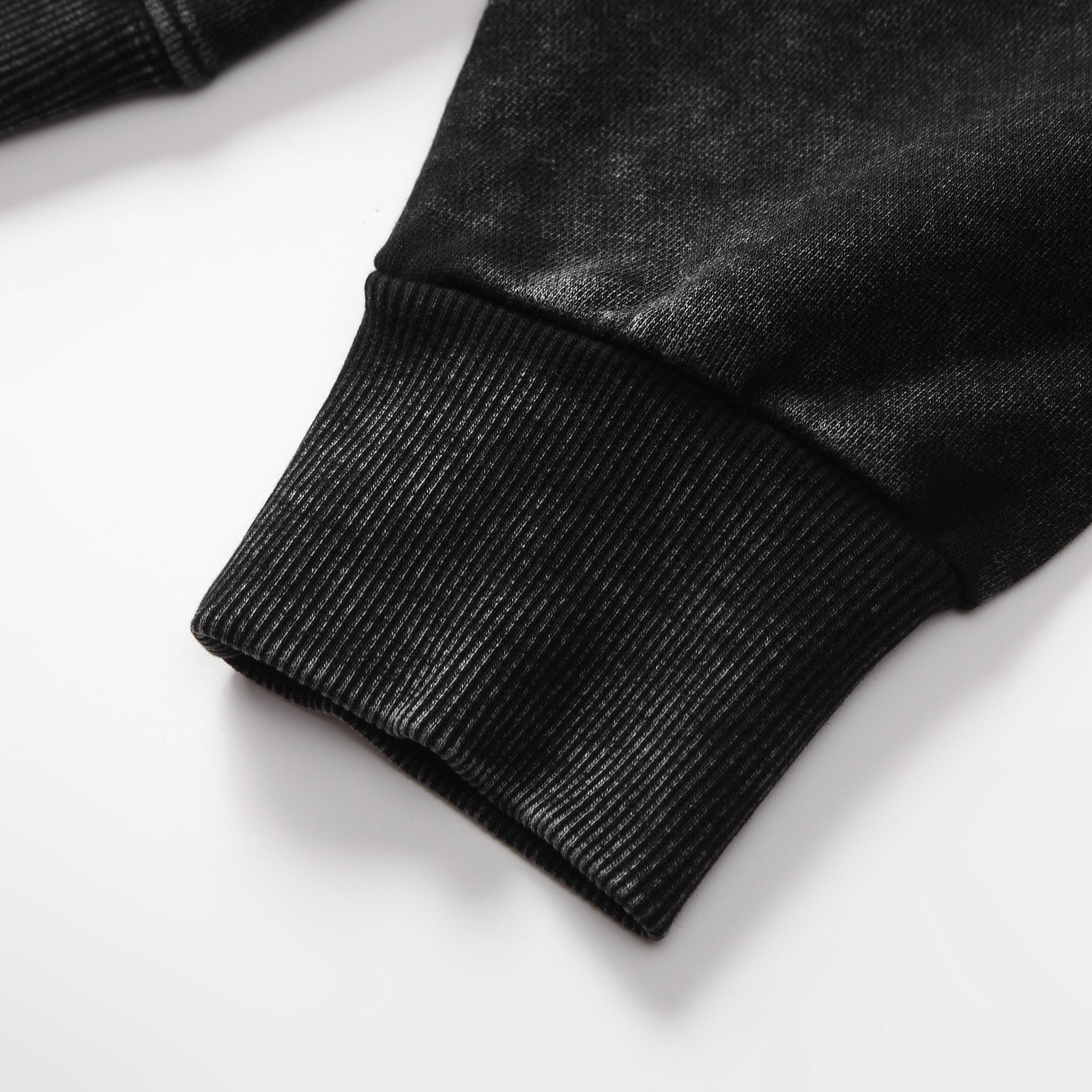 350GSM Snow Washed Pullover Hoodie - Black Fabric, Stitching and Construction - Detail View