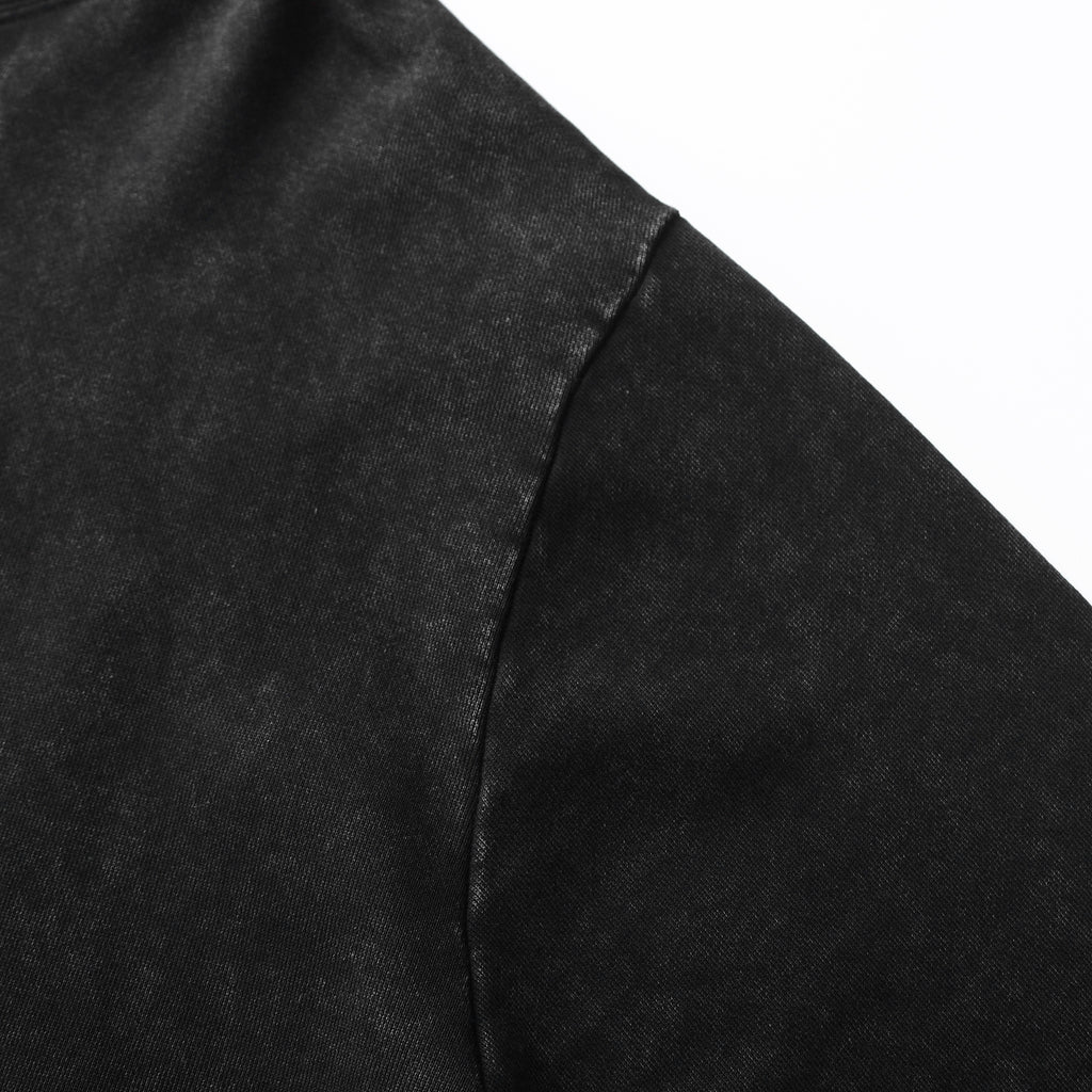 350GSM Snow Washed Pullover Hoodie - Black Fabric, Stitching and Construction - Detail View