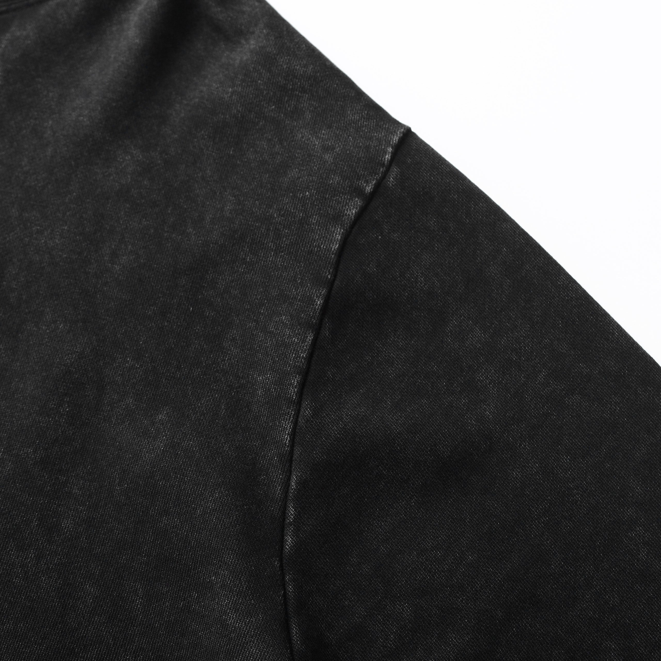 350GSM Snow Washed Pullover Hoodie - Black Fabric, Stitching and Construction - Detail View