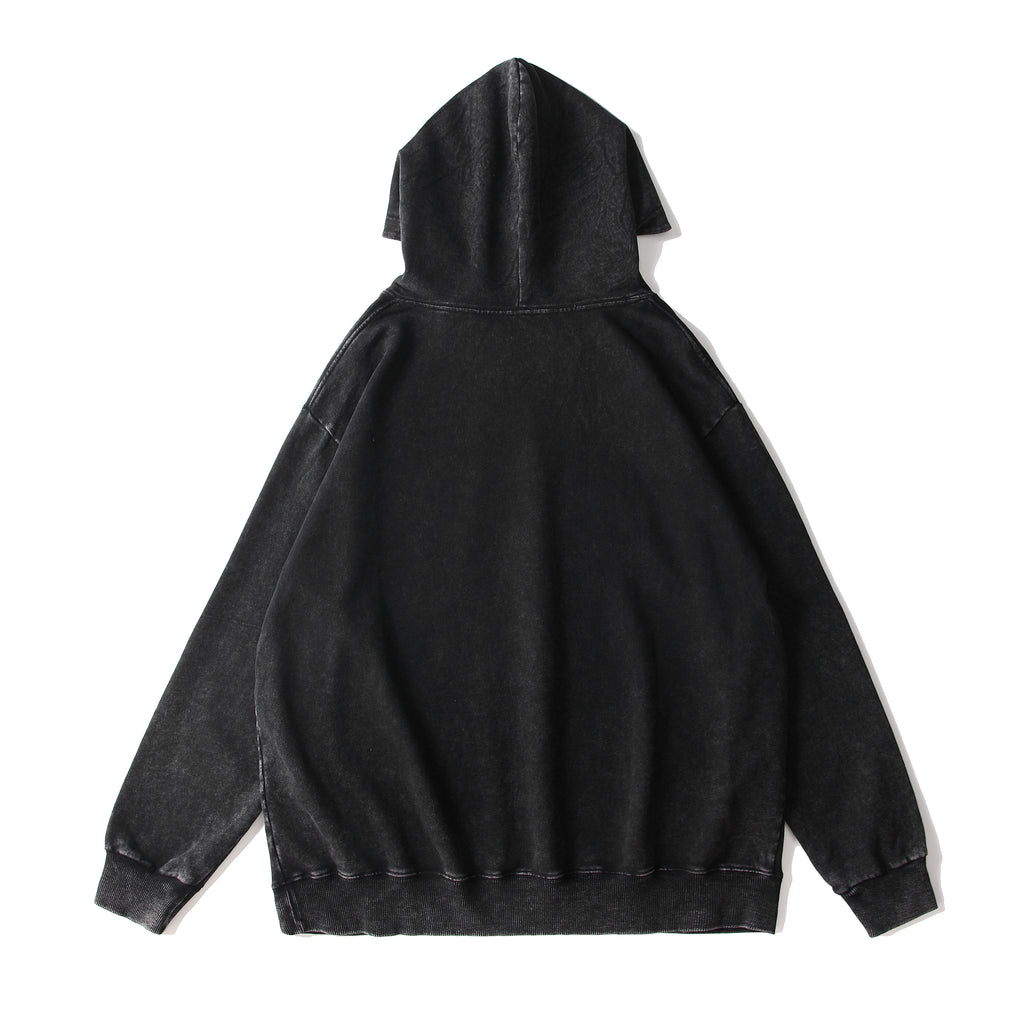 350GSM Snow Washed Pullover Hoodie - Black - Back View