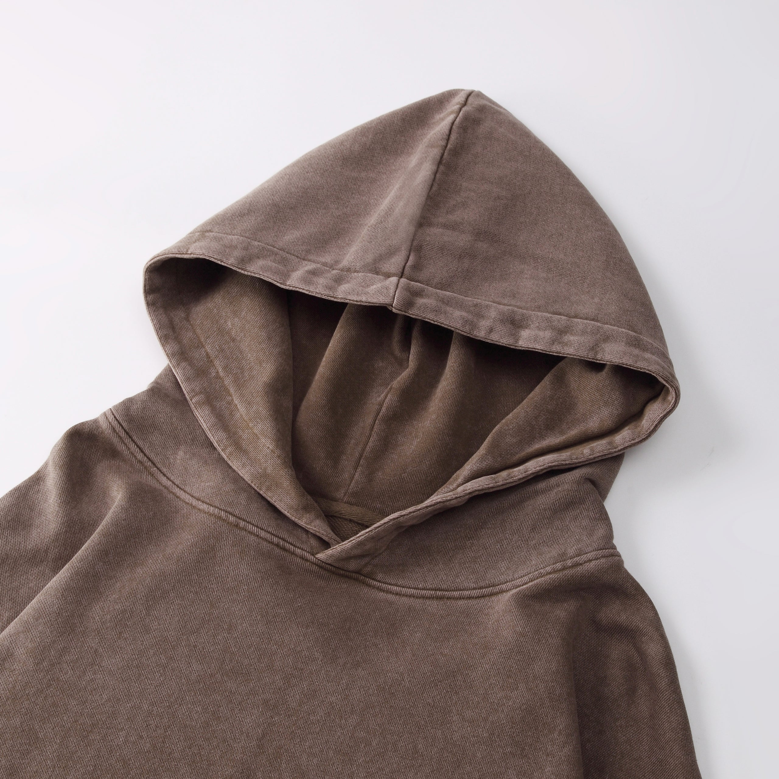 350GSM Snow Washed Pullover Hoodie - Brown Fabric, Stitching and Construction - Detail View