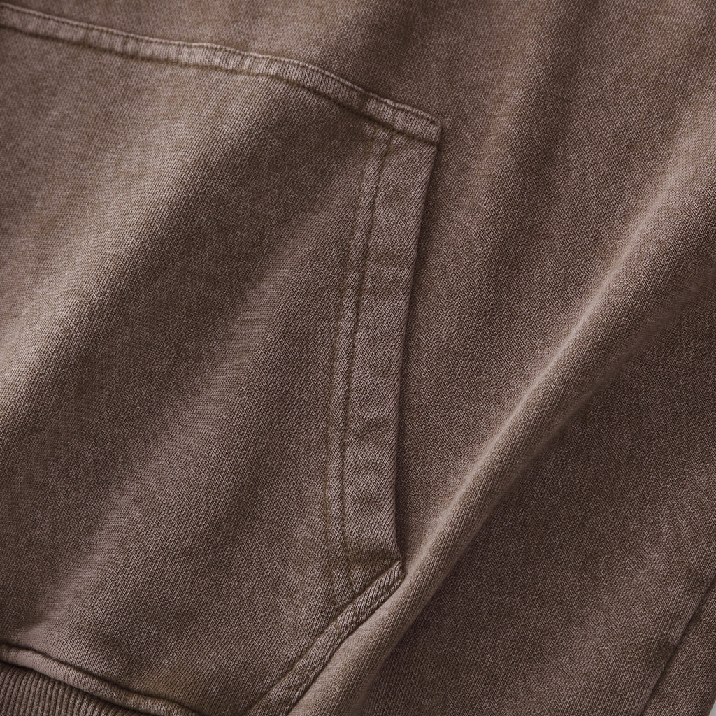350GSM Snow Washed Pullover Hoodie - Brown Fabric, Stitching and Construction - Detail View