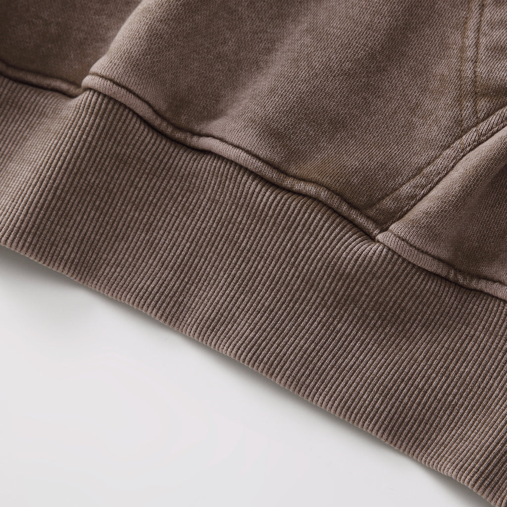 350GSM Snow Washed Pullover Hoodie - Brown Fabric, Stitching and Construction - Detail View