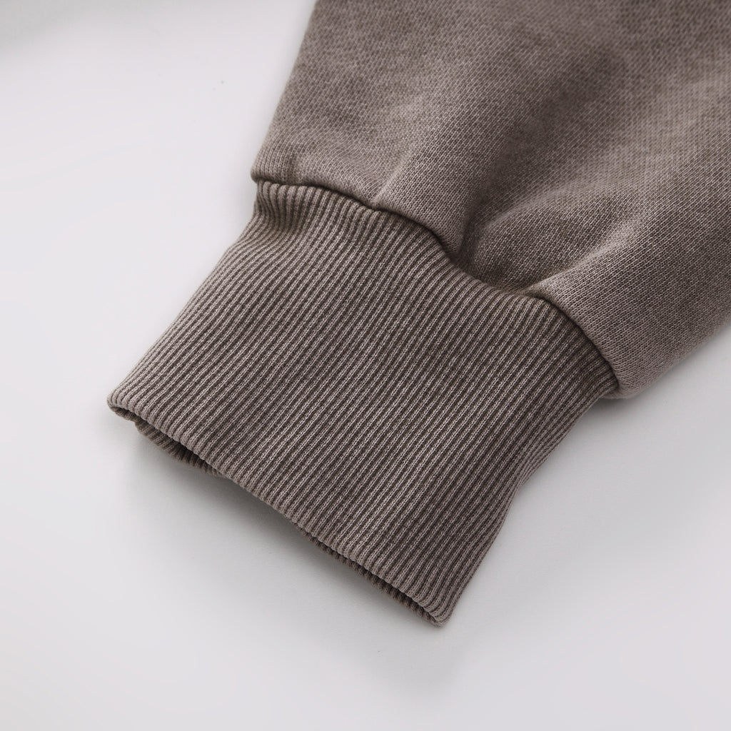 350GSM Snow Washed Pullover Hoodie - Brown Fabric, Stitching and Construction - Detail View