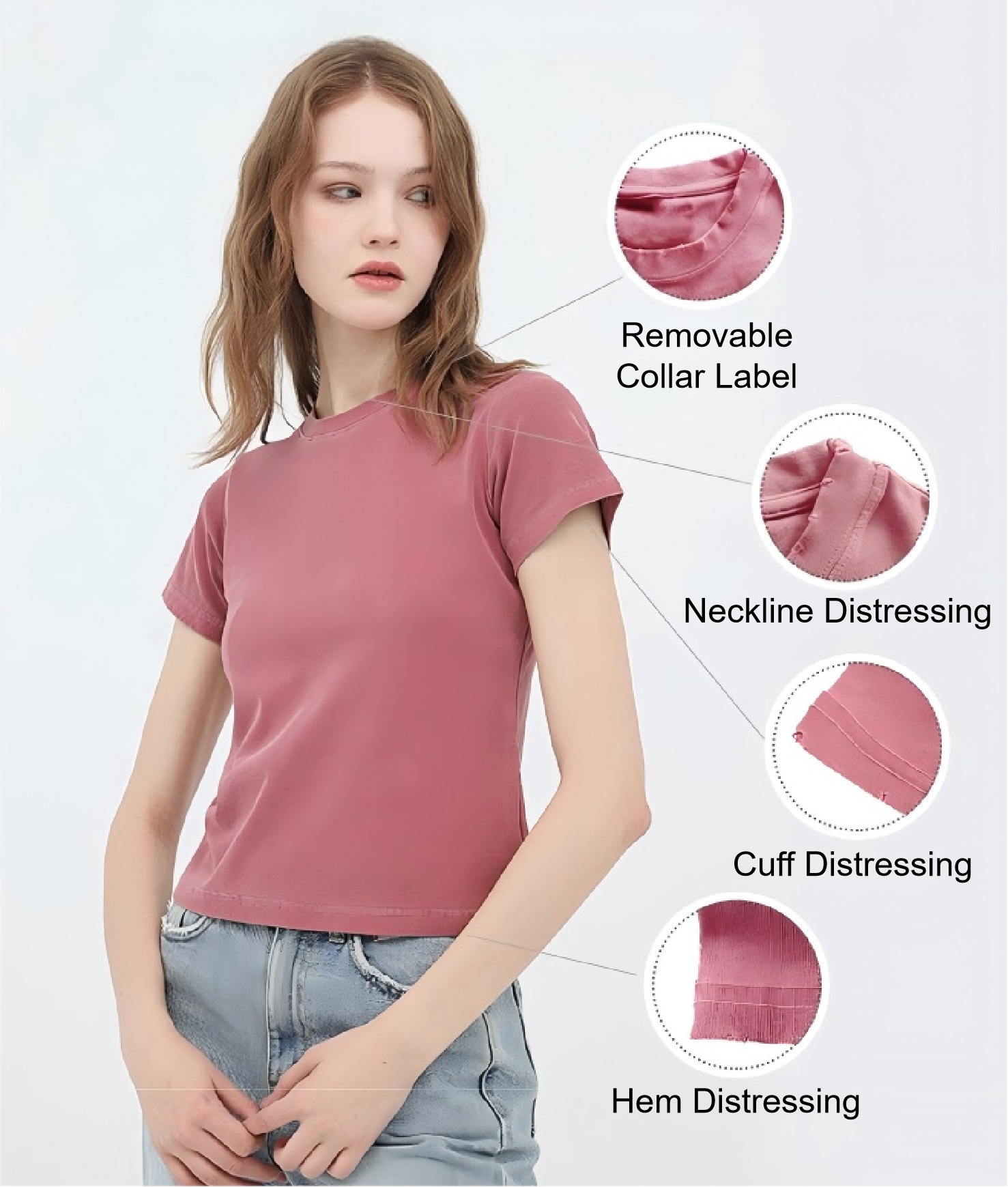 240GSM Women Distressed Pigment Dye Washed Cropped Tee - Neckline, Cuff and Hem Distressing - Detail View