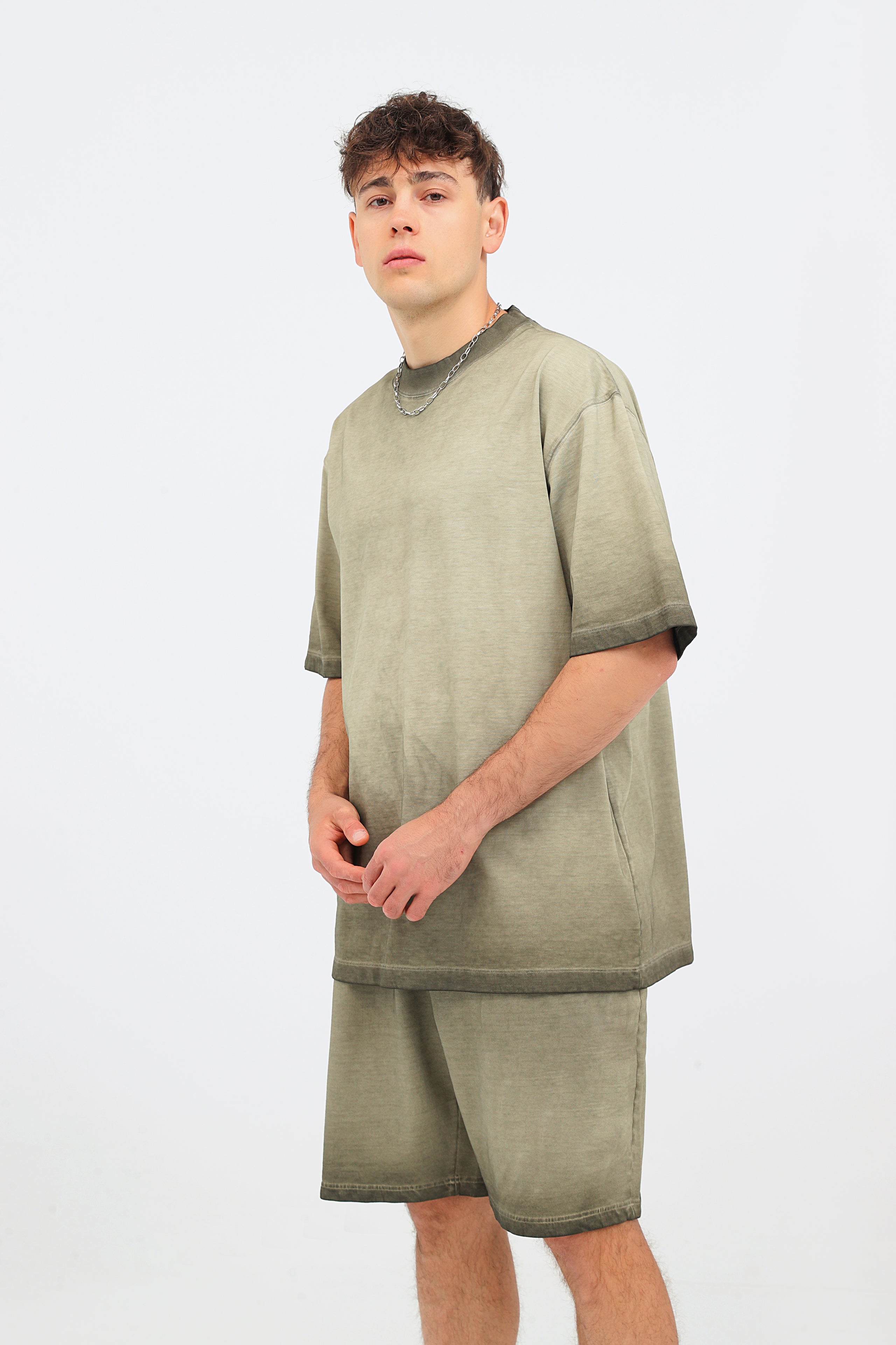 230GSM Ombre Washed Tee - Navy Green - Model View