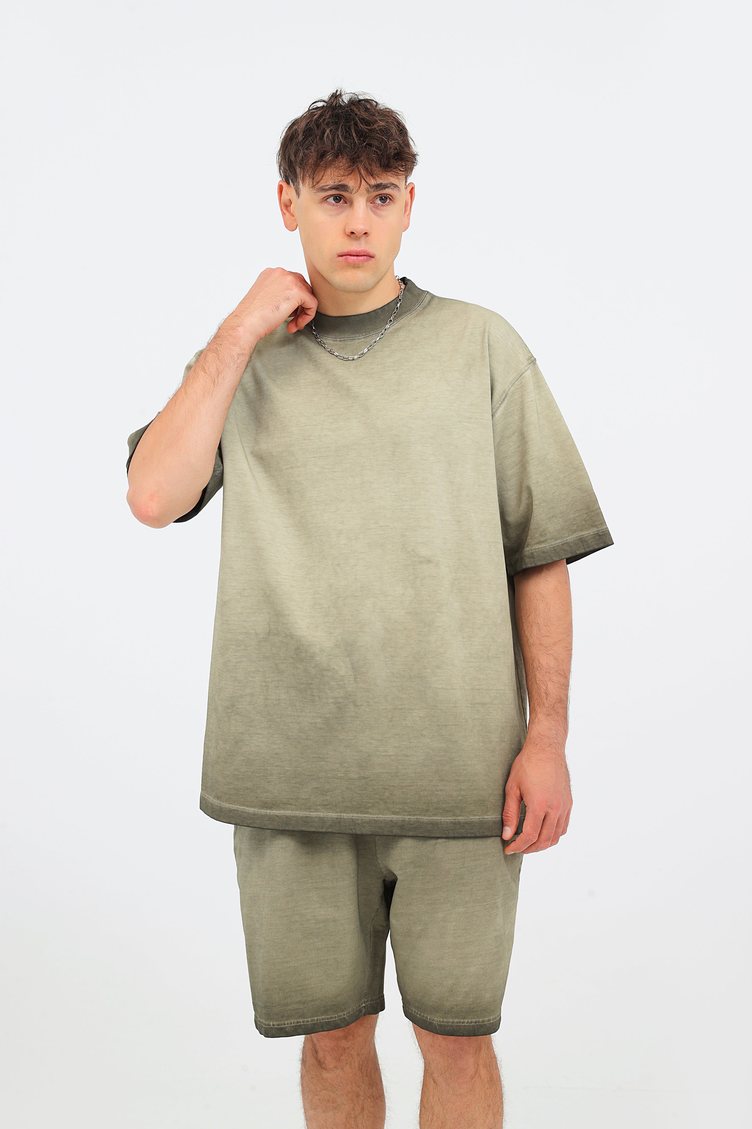 230GSM Ombre Washed Tee - Navy Green - Model View