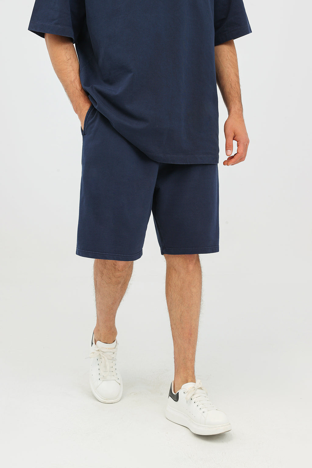320GSM Pigment Dye Washed Shorts - Dark Blue - Model View