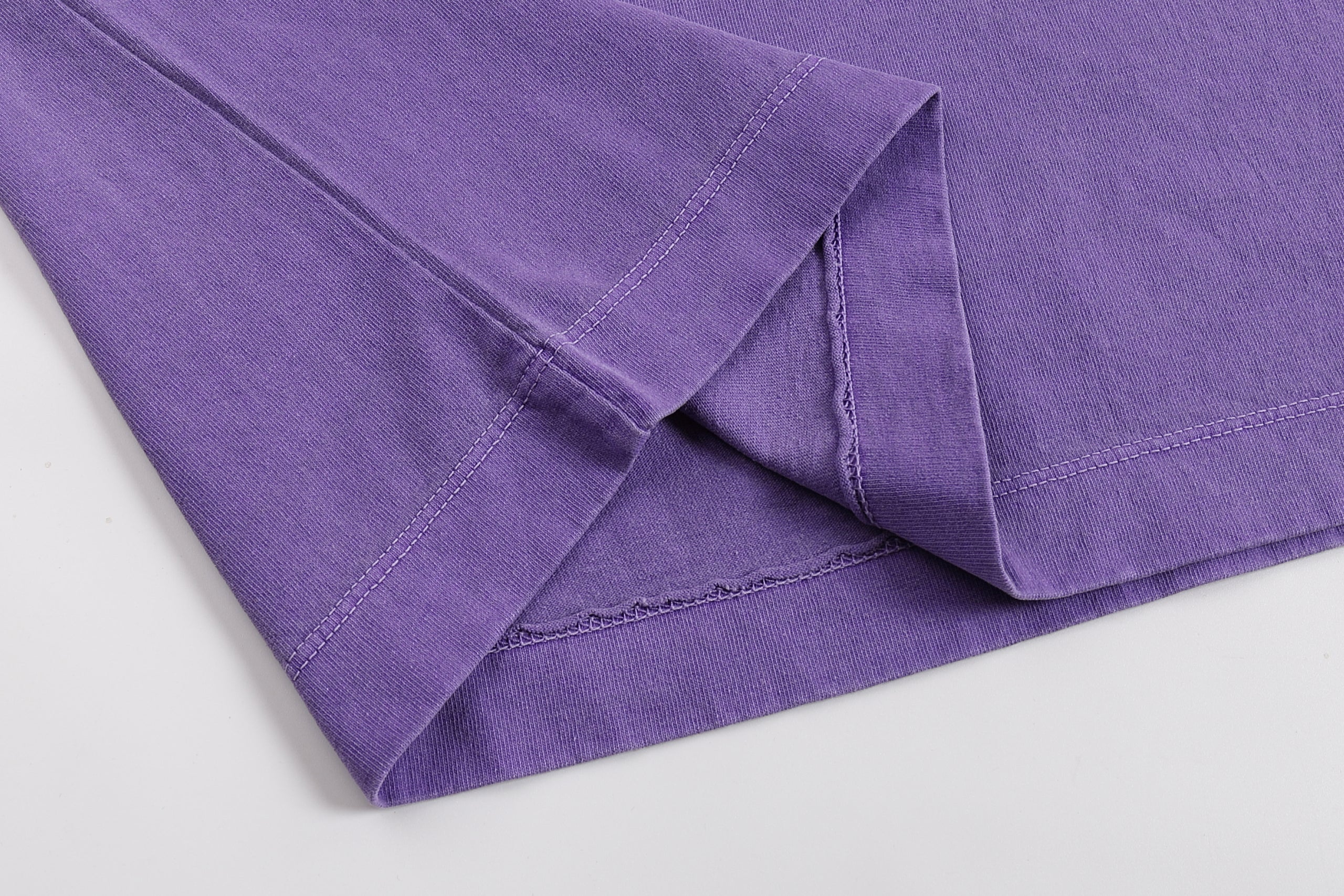 260GSM Pigment Dye Washed Tee - Purple Fabric, Stitching and Construction - Detail View