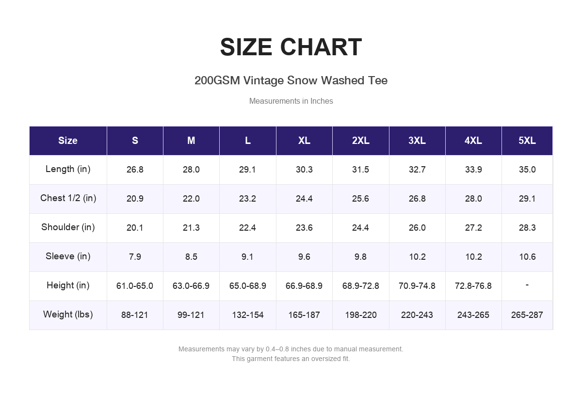 Size chart for 200GSM Vintage Snow Washed Tee (measurements in inches)