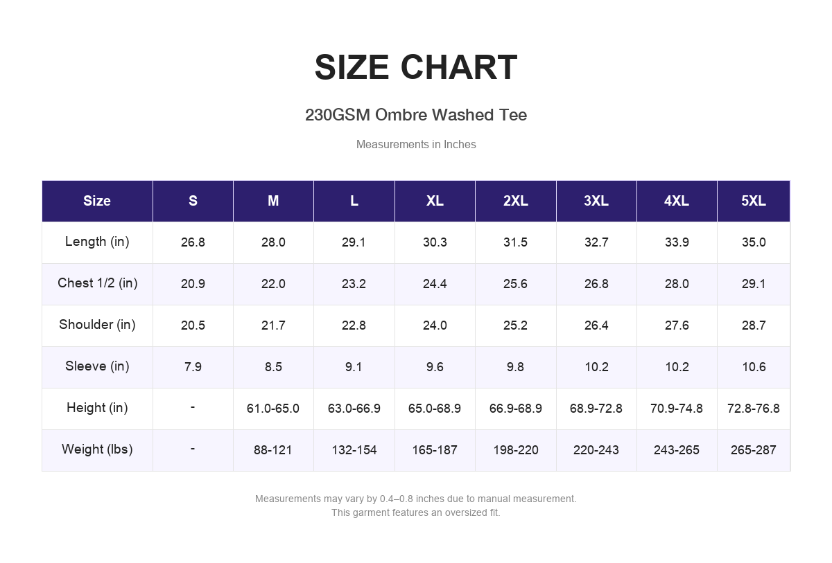 Size chart for 230GSM Ombre Washed Tee (measurements in inches)