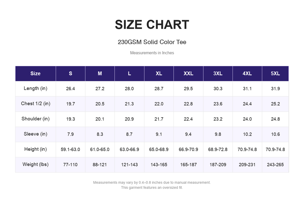 Size chart for 230GSM Solid Color Tee (measurements in inches)