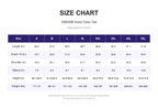 Size chart for 230GSM Solid Color Tee (measurements in inches)