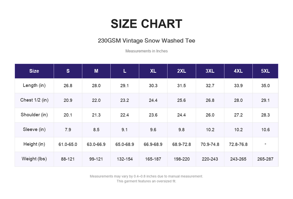 Size chart for 230GSM Vintage Snow Washed Tee (measurements in inches)