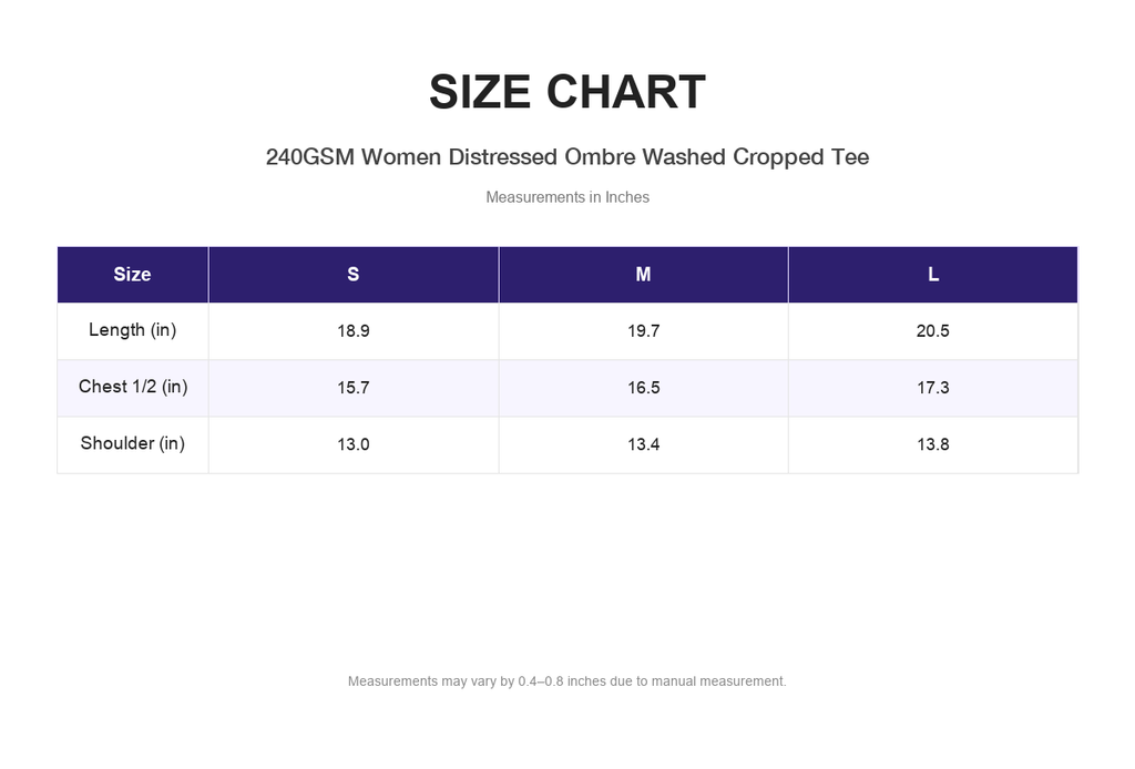 Size chart for 240GSM Women Distressed Ombre Washed Cropped Tee (measurements in inches)