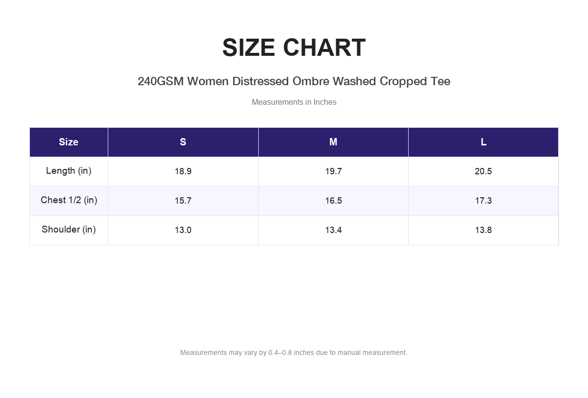 Size chart for 240GSM Women Distressed Ombre Washed Cropped Tee (measurements in inches)