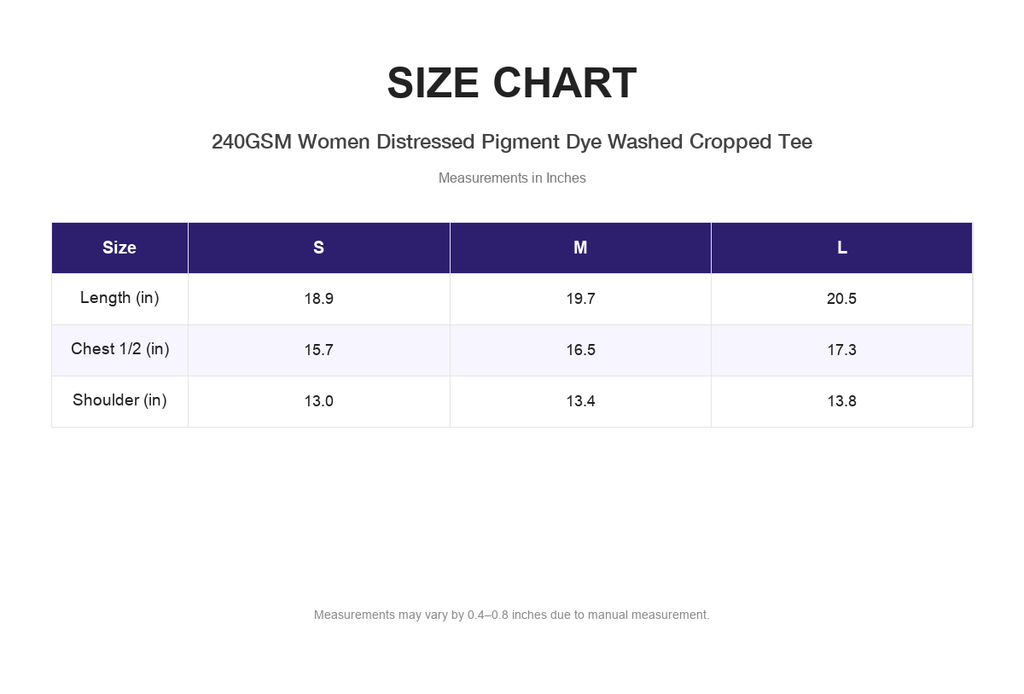 Size chart for 240GSM Women Distressed Pigment Dye Washed Cropped Tee (measurements in inches)
