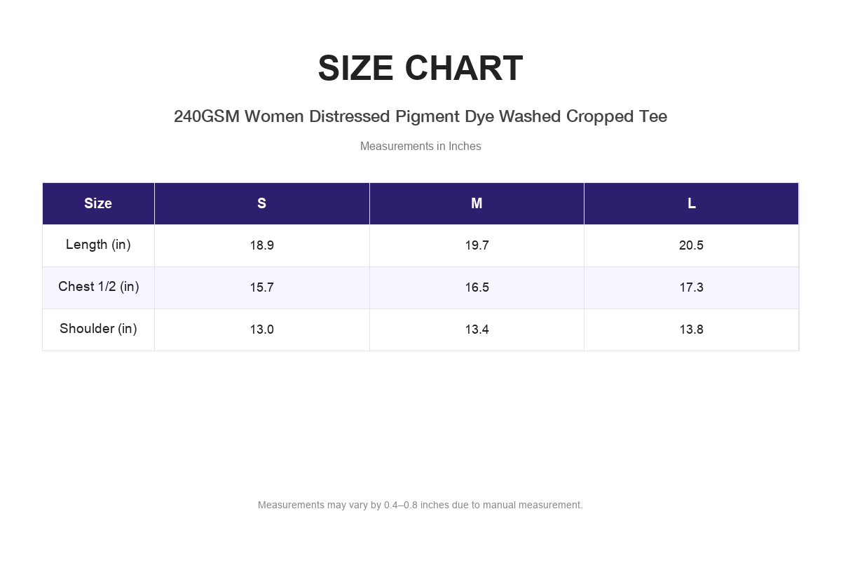 Size chart for 240GSM Women Distressed Pigment Dye Washed Cropped Tee (measurements in inches)