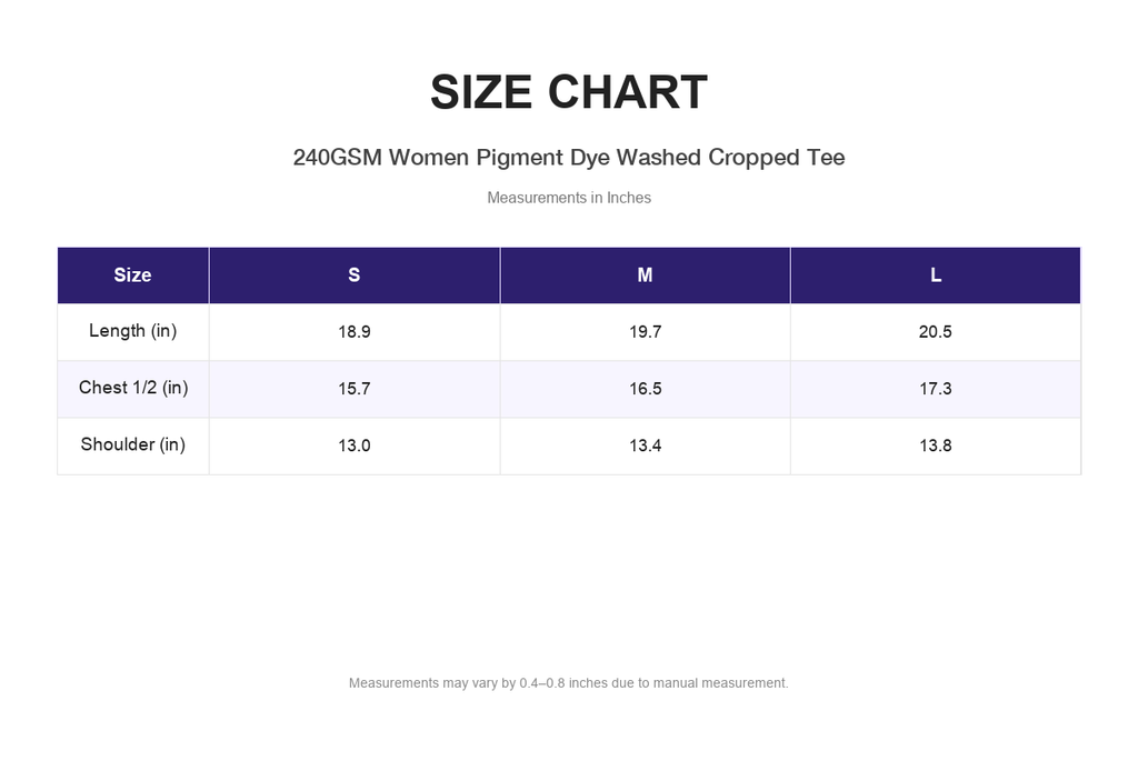 Size chart for 240GSM Women Pigment Dye Washed Cropped Tee (measurements in inches)
