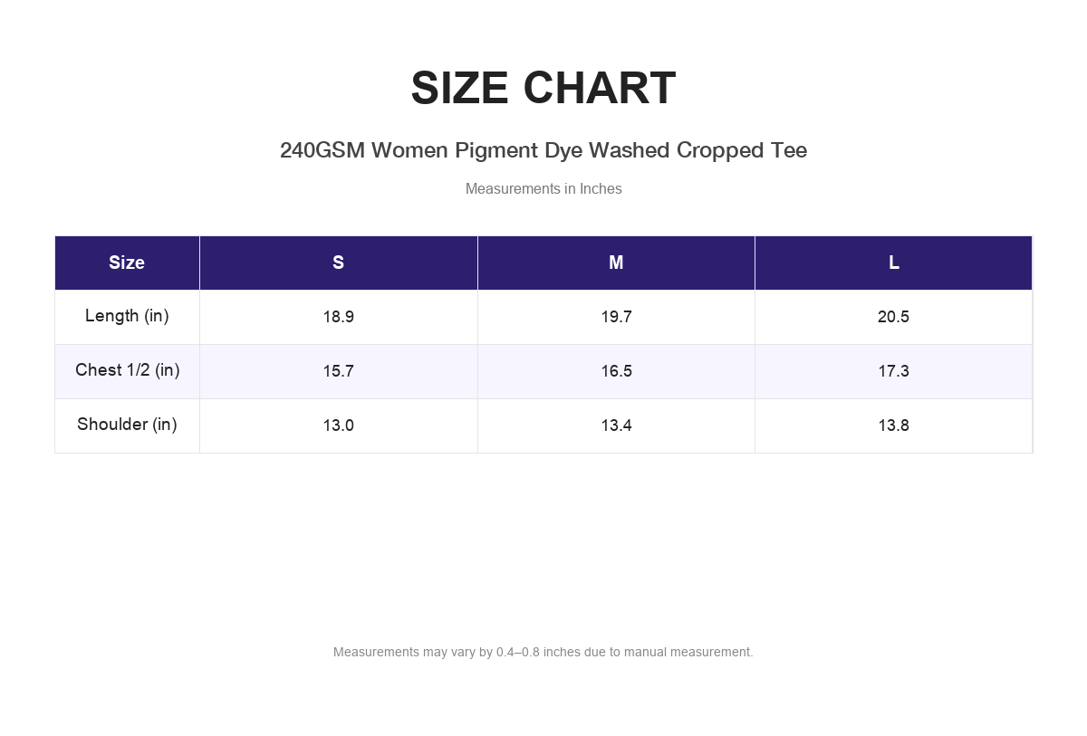 Size chart for 240GSM Women Pigment Dye Washed Cropped Tee (measurements in inches)