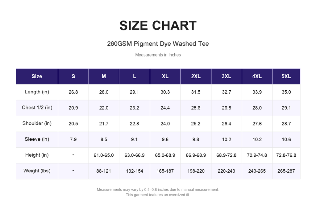 Size chart for 260GSM Pigment Dye Washed Tee (measurements in inches)