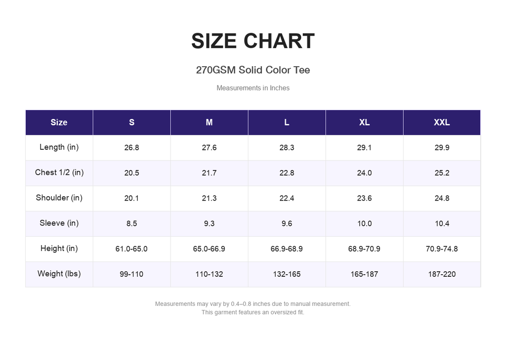 Size chart for 270GSM Solid Color Tee (measurements in inches)