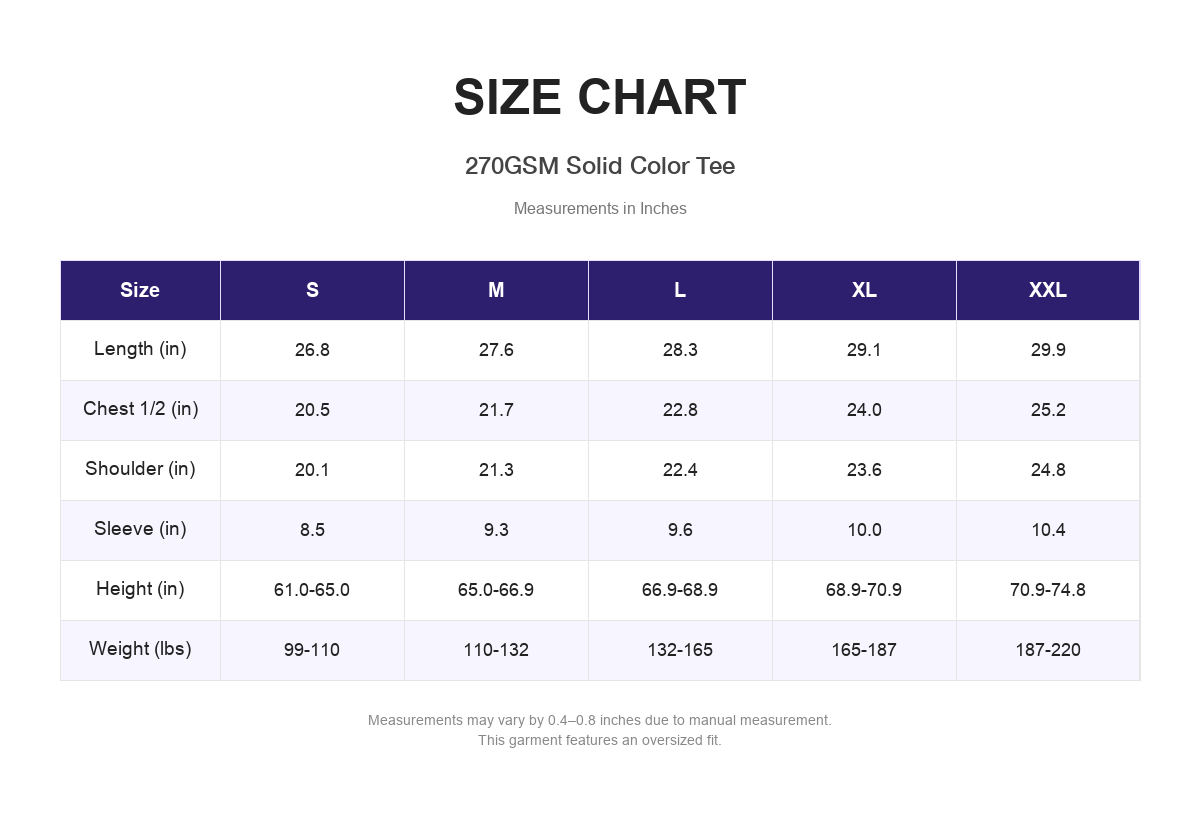 Size chart for 270GSM Solid Color Tee (measurements in inches)