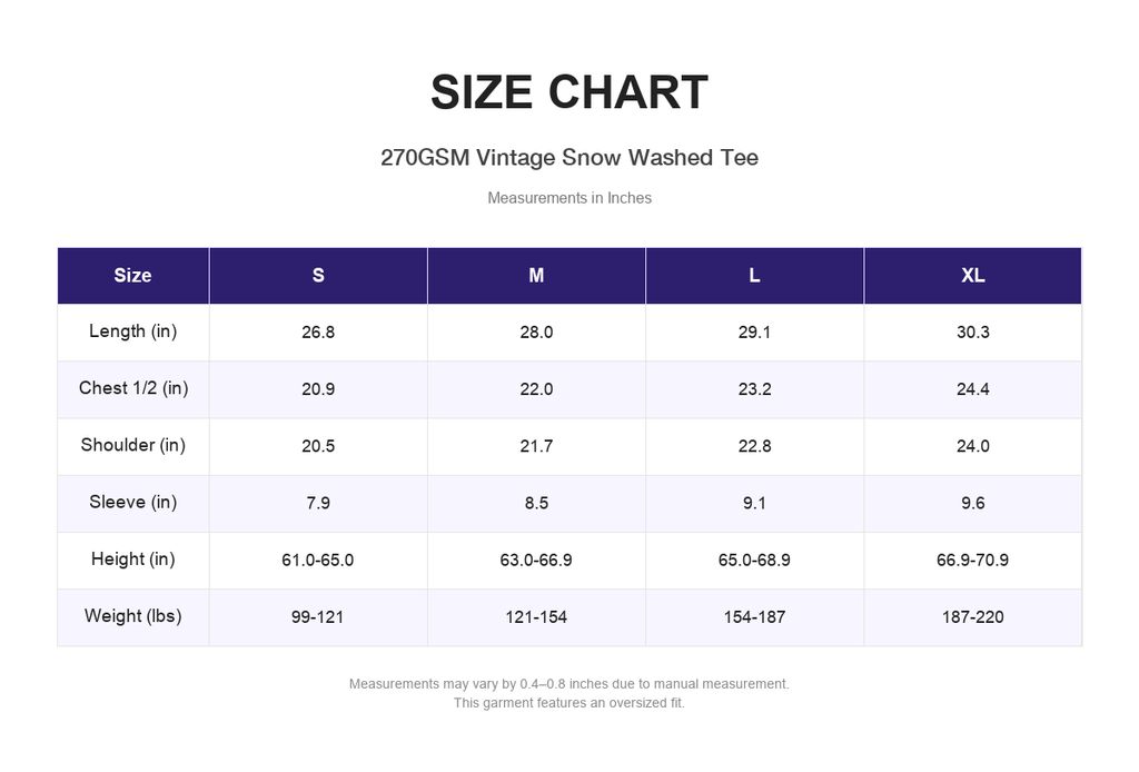 Size chart for 270GSM Vintage Snow Washed Tee (measurements in inches)
