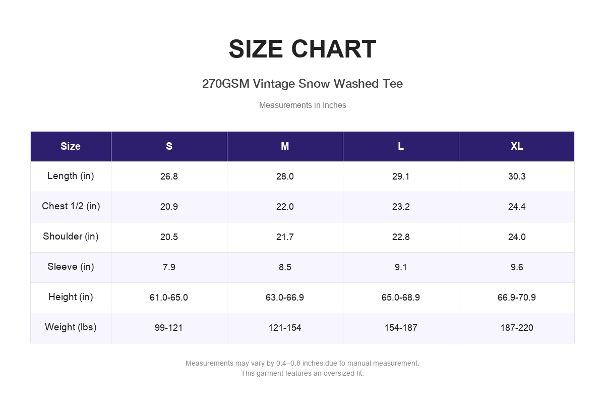 Size chart for 270GSM Vintage Snow Washed Tee (measurements in inches)