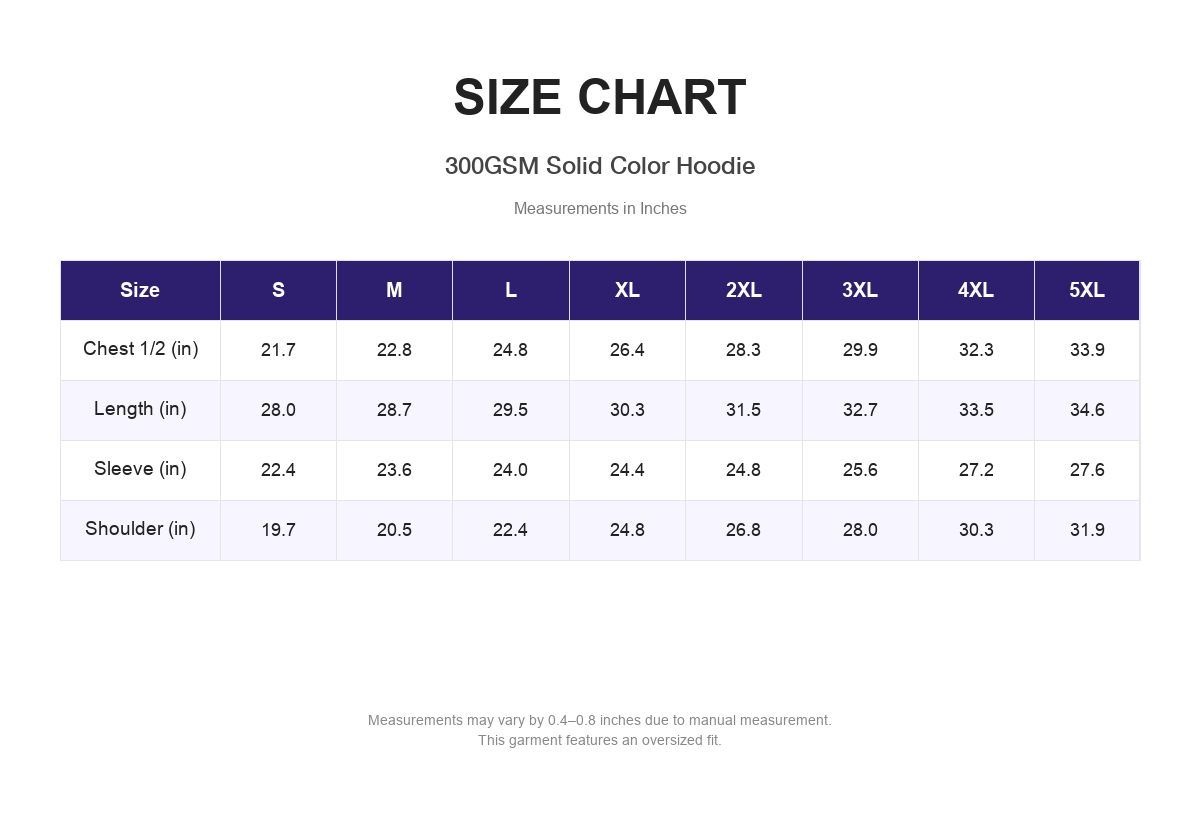 Size chart for 300GSM Solid Color Hoodie (measurements in inches)