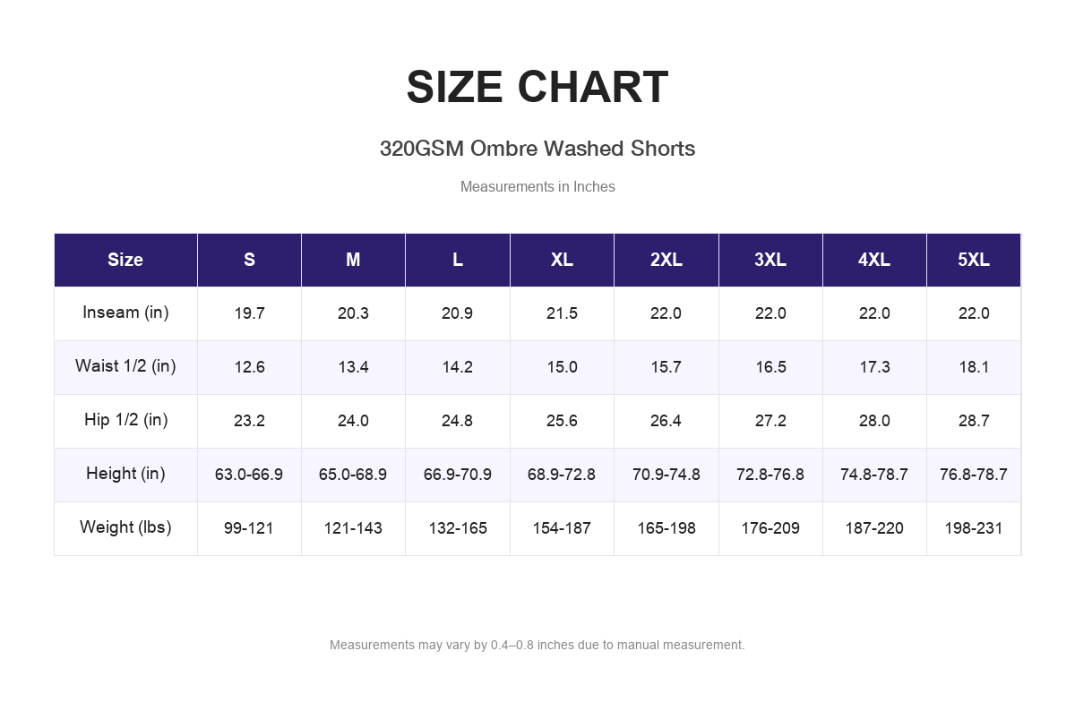 Size chart for 320GSM Ombre Washed Shorts (measurements in inches)