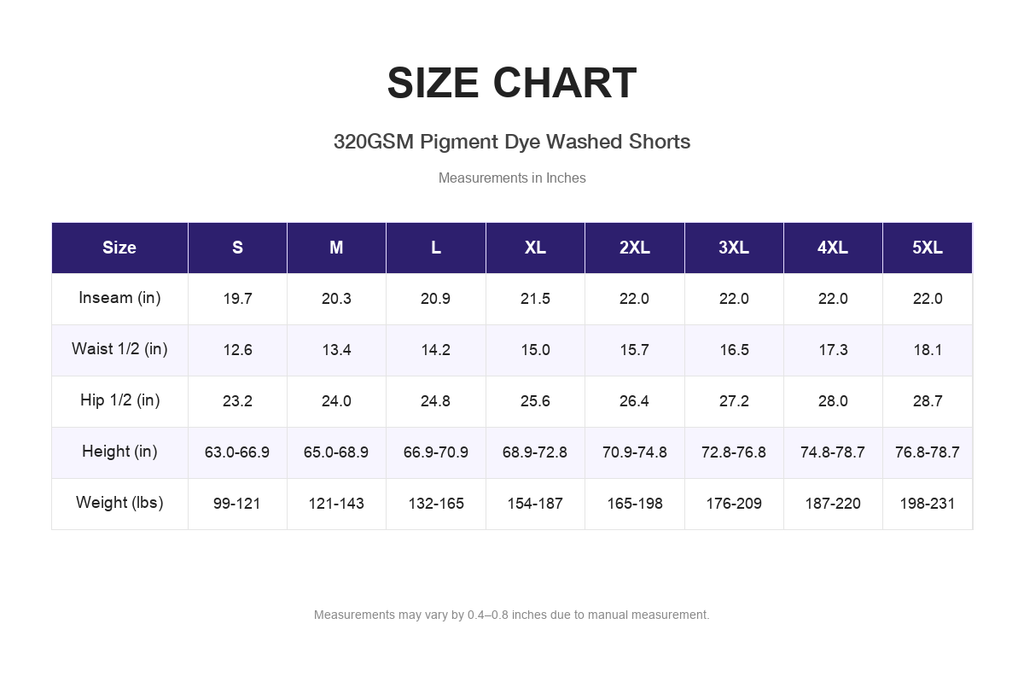 Size chart for 320GSM Pigment Dye Washed Shorts (measurements in inches)