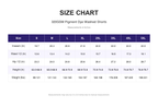 Size chart for 320GSM Pigment Dye Washed Shorts (measurements in inches)