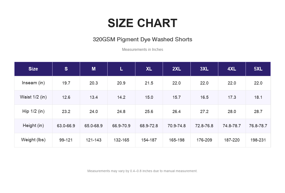 Size chart for 320GSM Pigment Dye Washed Shorts (measurements in inches)