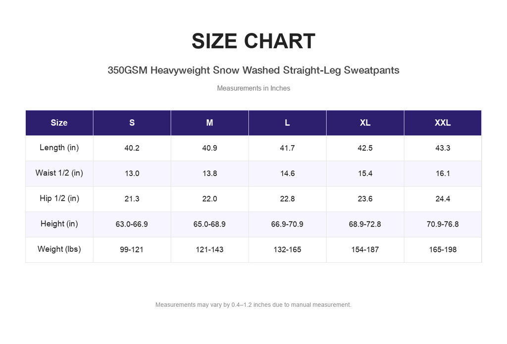 Size chart for 350GSM Heavyweight Snow Washed Straight-Leg Sweatpants (measurements in inches)